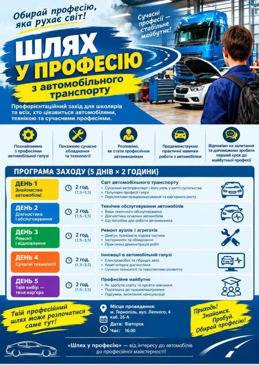 Додатковий набір на базі 11 класів у Професійний ліцей Галицького фахового коледжу: автослюсар і водій категорій «B», «C1»